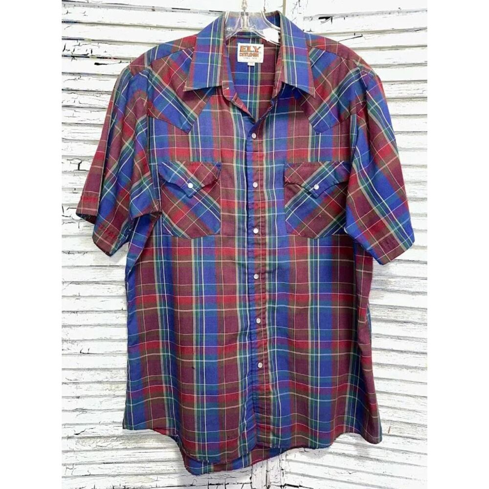 Vintage Men's Blue/Red Ely Cattleman Pearl Snap Shirt Size Medium